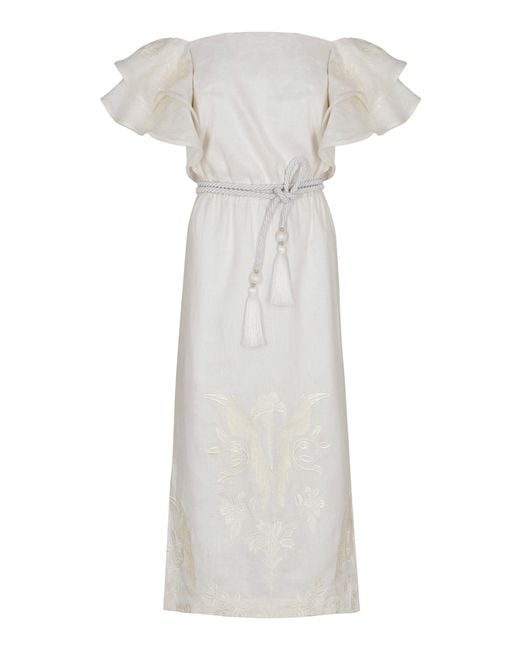 ANDRES OTALORA White Amellia Embroidered Linen Midi Dress