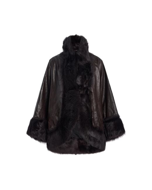 Nour Hammour Black Sabine Shearling-Trimmed Croc-Effect Leather Coat