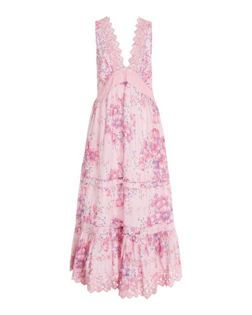LoveShackFancy Pink Oakley Lace-trimmed Floral Cotton Maxi Dress