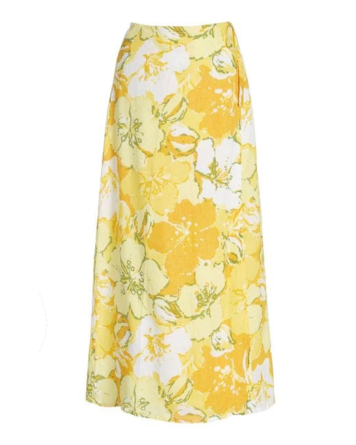 Faithfull The Brand Yellow Elodia Floral Linen Midi Wrap Skirt