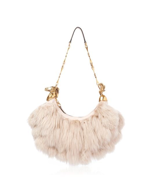 Chloé Natural Horse Chain Embroidered Shearling Shoulder Bag