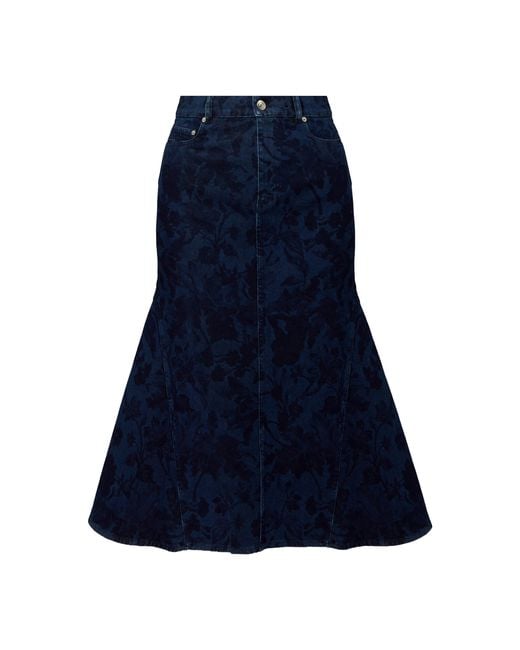 Erdem Blue Raw-edge Floral Denim Midi Skirt