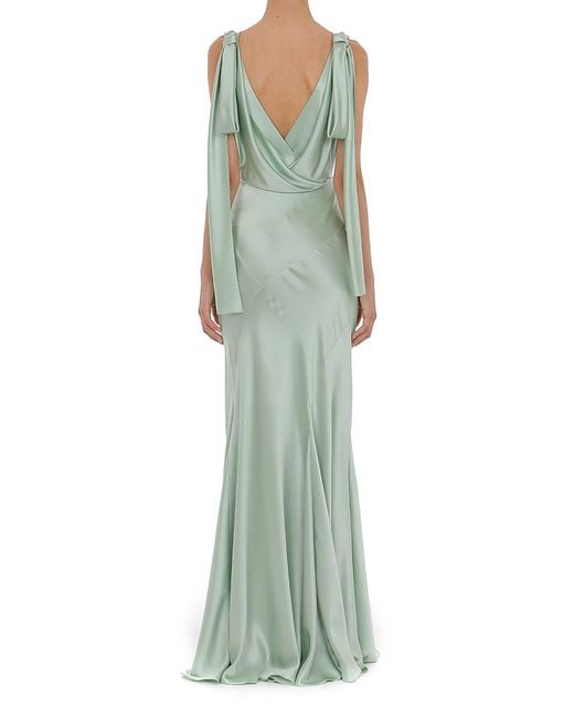 alberta ferretti green silk dress Long silk gown with shoulder-revealing cape