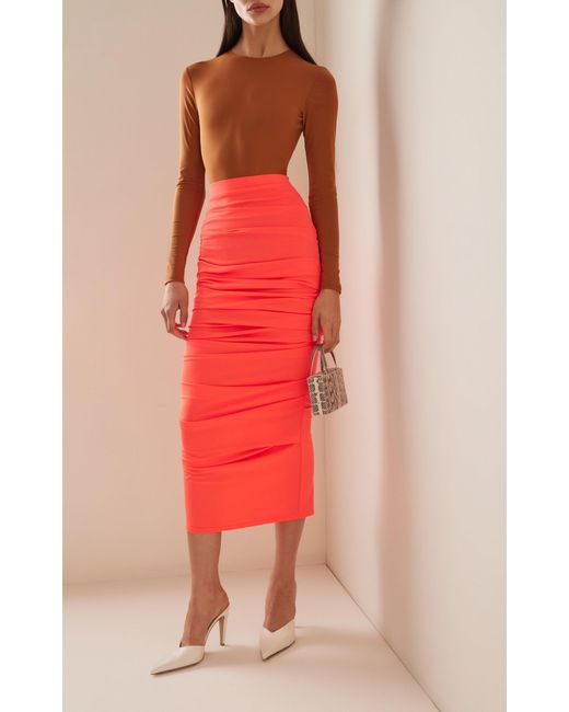 Alex Perry Red Regan Ruched Midi Skirt