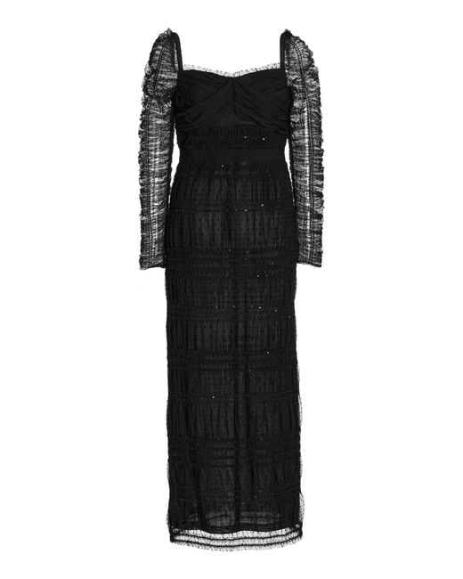 Self-Portrait Black Shirred Dotted Mesh Midi Dress