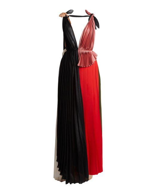 Victoria Beckham Red Asymmetric Pleated Crepe And Satin Dress