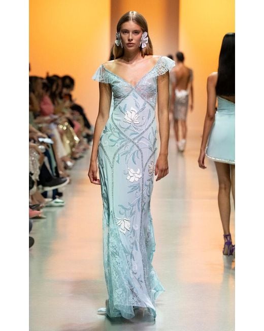 Georges Hobeika Blue Lace-Paneled Geogette Maxi Dress
