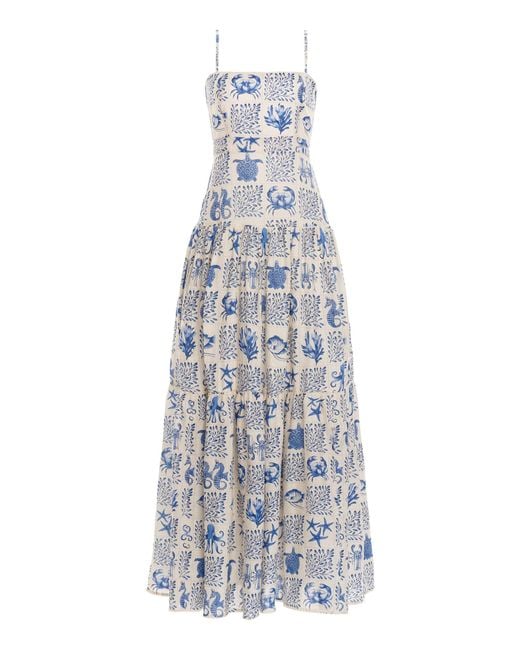 Agua by Agua Bendita Blue Lima Tiered Printed Linen Maxi Dress