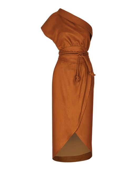 ANDRES OTALORA Orange Habanito Belted Asymmetric Linen Midi Dress
