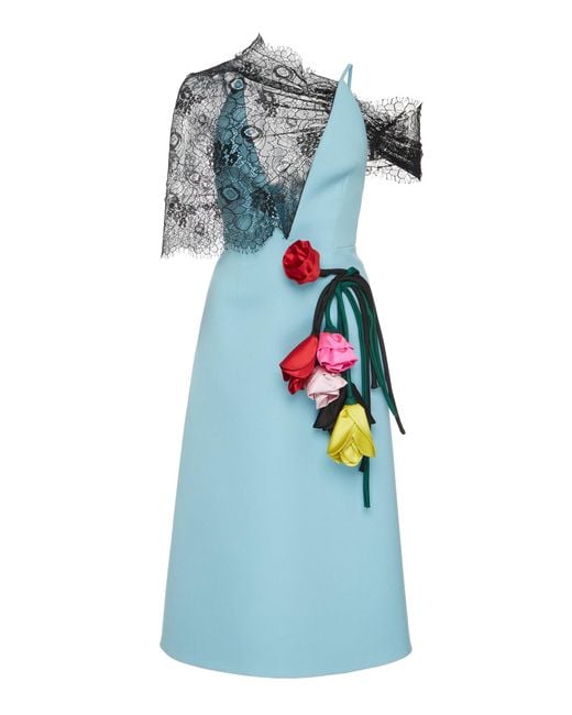 Prada Blue Flower Embellishments Lace And Cady Dress