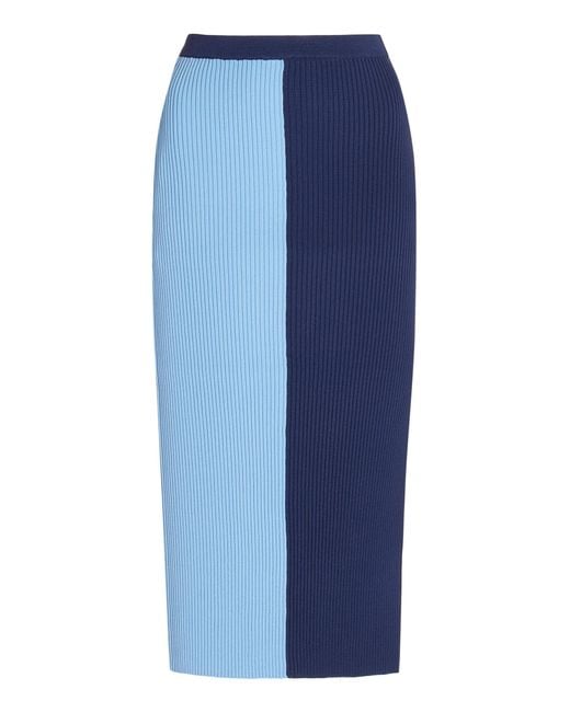 STAUD Lorraine Two-tone Ribbed-knit Midi Skirt in Navy (Blue) | Lyst UK