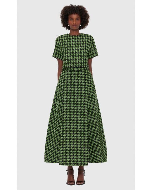 LEO LIN Green Rosalyn Houndstooth Tweed Maxi Skirt