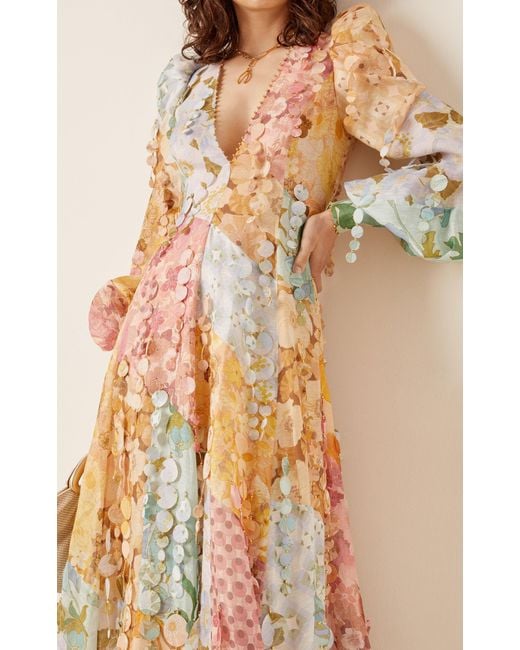 Zimmermann Tempo Disc-embellished Floral Linen-silk Gown | Lyst