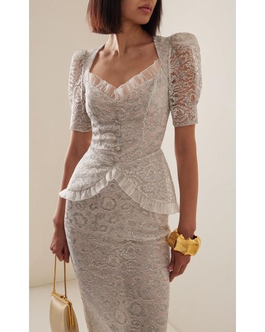 Alessandra Rich White Tailored Metallic Lace Midi Dress