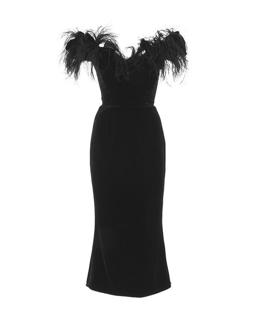 Marchesa Black Ostrich Feather Off The Shoulder Velvet Dress