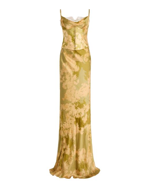 De La Vali Metallic Cleodora Corseted Silk-Blend Satin Maxi Dress