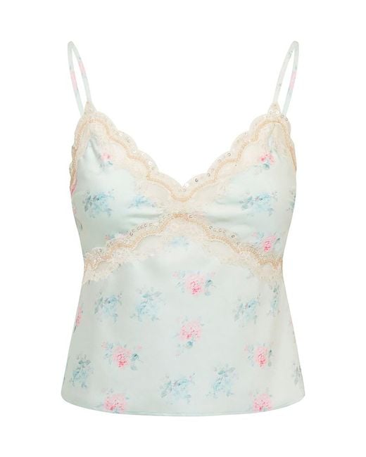 LoveShackFancy Blue Lamora Floral Satin Top