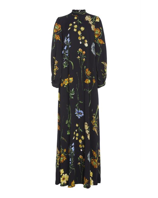 Lela Rose Black Floral-print Tie-neck Maxi Crepe Maxi Dress