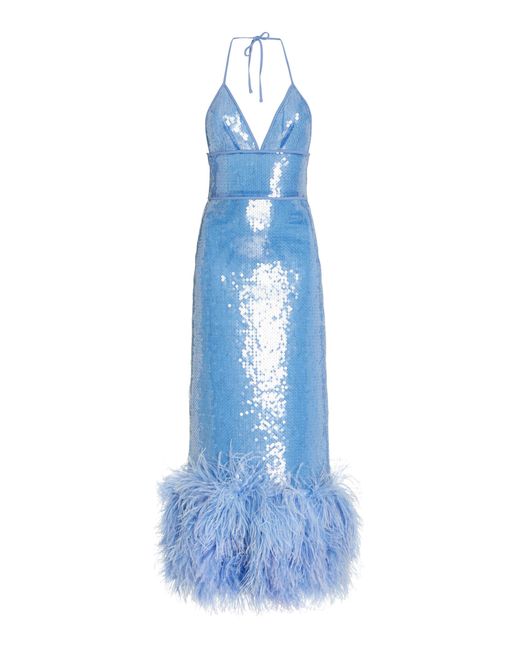 David Koma Blue Feather-trimmed Sequined Maxi Dress