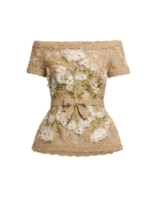 Elie Saab Natural Floral-Embellished Raffia-Embroidered Off-The-Shoulder Top