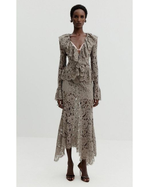 De La Vali Gray Karo Cotton-Blend Lace Midi Skirt