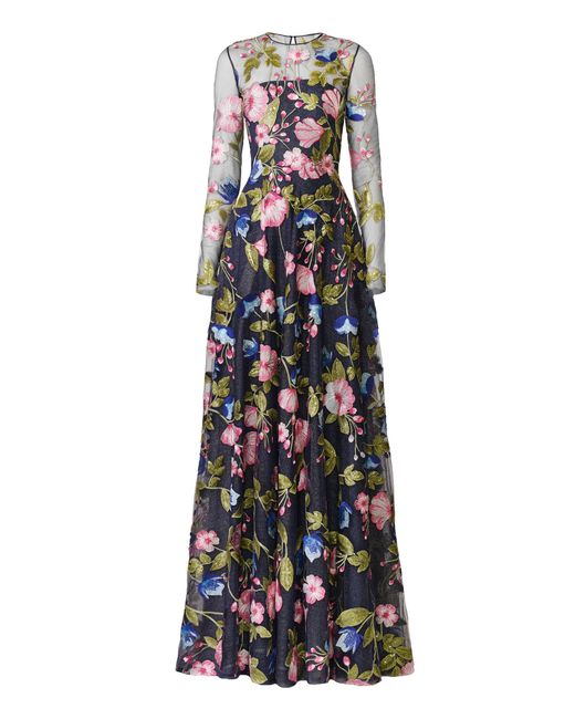 Naeem Khan White Sequin Floral Lace Long Sleeve Gown