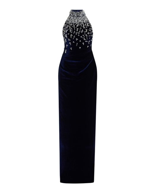 Pamella Roland Black Embellished Velvet Halter Gown