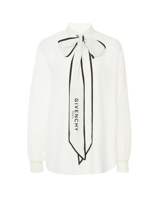 Givenchy White Logo-print Tieneck Silk Blouse