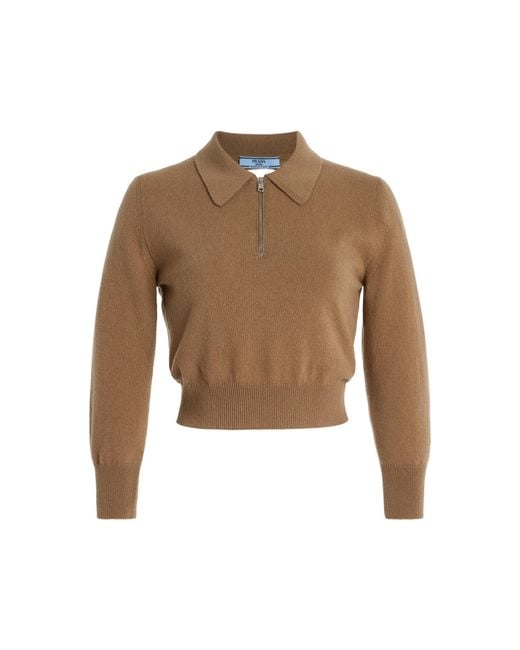 Prada Natural Cutout Cropped Cashmere Polo Sweater