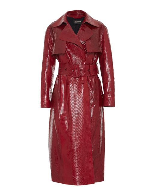 Roberto Cavalli Python Leather Trench Coat in Red | Lyst