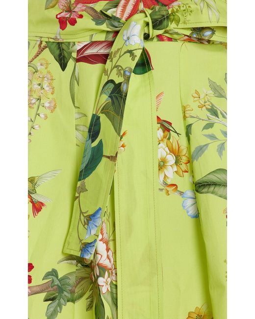 Oscar de la Renta Green Exclusive Painted Poppies Cotton Poplin Midi Skirt