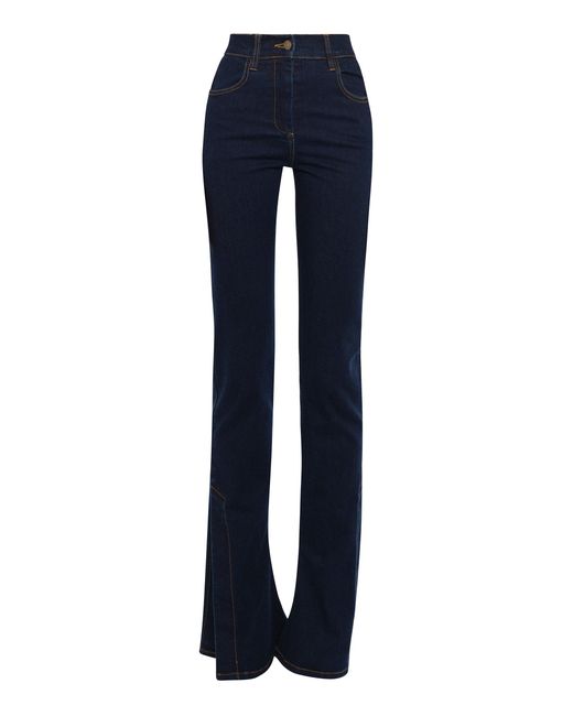 A.W.A.K.E. MODE Blue Cotton-Blend Fitted Stretch Flared Jeans With Ankle Slits