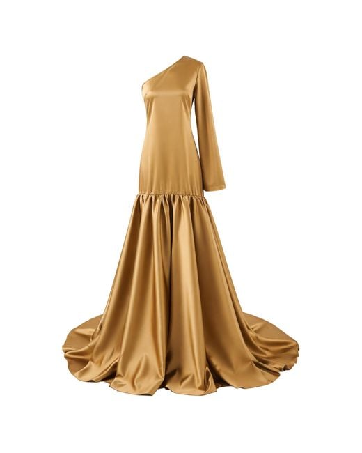 The New Arrivals Ilkyaz Ozel Metallic Ecliptia One-Shoulder Satin Maxi Dress