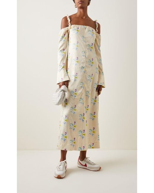 Ganni Floral Satin Off the shoulder Maxi Dress in Natural Lyst