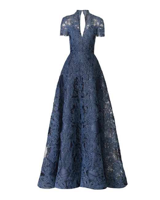 Naeem Khan Blue Raffia V-Neck Cap Sleeve Gown