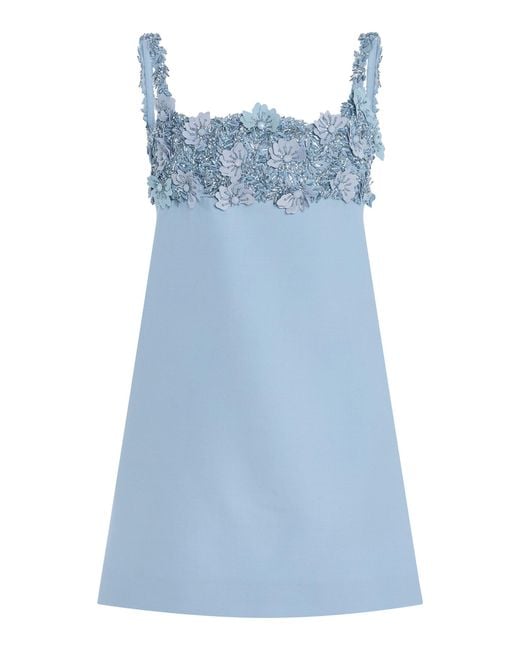 Oscar de la Renta Blue Embellished Wool-Blend Mini Dress