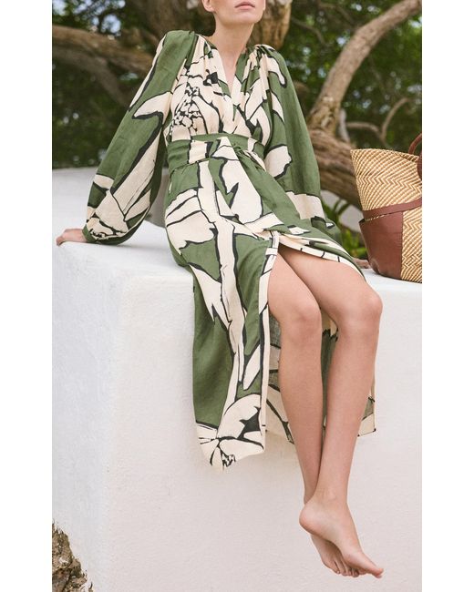 Johanna Ortiz Green Weaving Weves Printed Linen Midi Dress