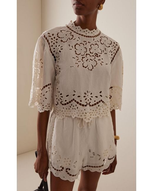 Sea White Lula Embroidered Linen-Blend Top