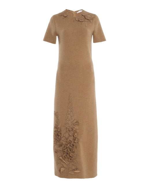 Oscar de la Renta Natural Foxglove-Embroidered Wool Midi Dress