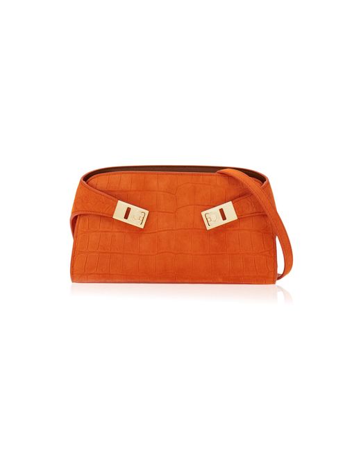 Ferragamo Orange Hug Mini Alligator-Embossed Suede Crossbody Bag