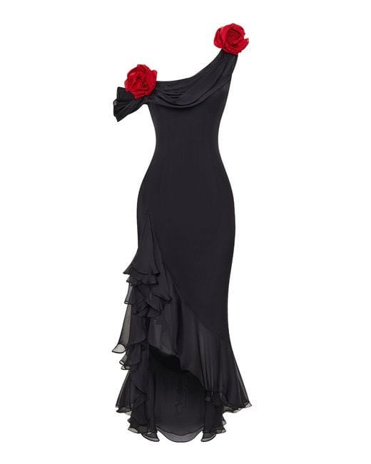 Rasario Black Floral-Embellished Silk-Chiffon Midi Dress