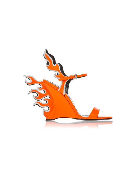 Prada Orange Flame Patent Leather Wedge Sandals