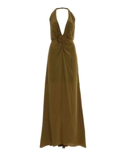 De La Vali Green Violetta Rosette Crepe De Chine Maxi Halter Dress
