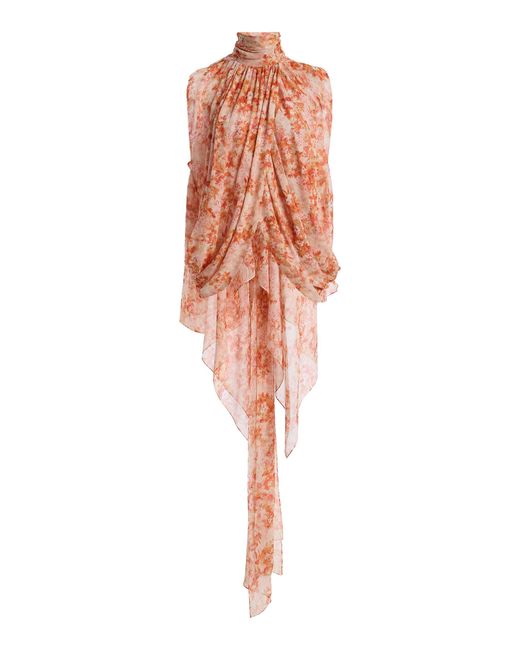 Atelier Prabal Gurung Orange Floral Print Silk Chiffon Hand-Draped Blouse