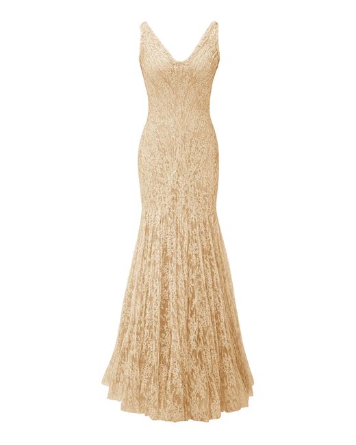 Marmar Halim Natural Pleated Lace Mermaid Maxi Dress