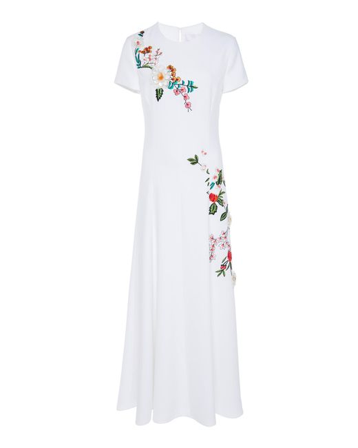 Carolina Herrera White Short Sleeve Embroidered Midi Dress