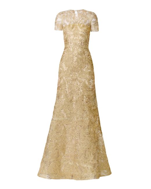 Naeem Khan Natural Metallic Raffia Cap Sleeve Fit-And-Flare Gown