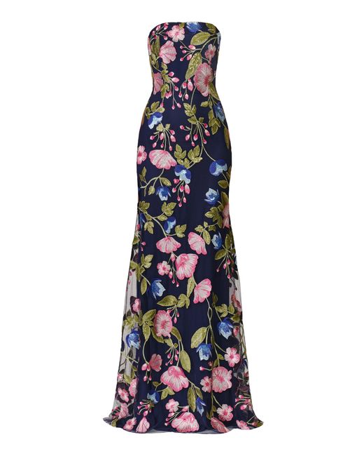 Naeem Khan Blue Sequin Floral Lace Bustier Strapless Fit-And-Flare Gown