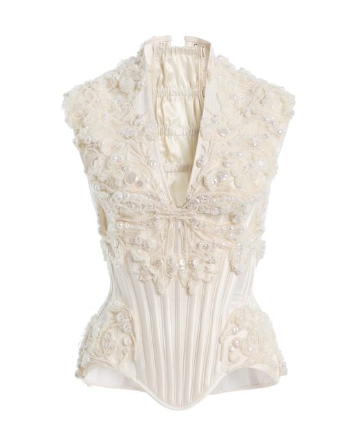Wiederhoeft White Tulip Embroidered Double-Faced Silk-Satin Corset
