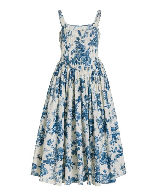 LoveShackFancy Blue Majory Floral Cotton Midi Dress